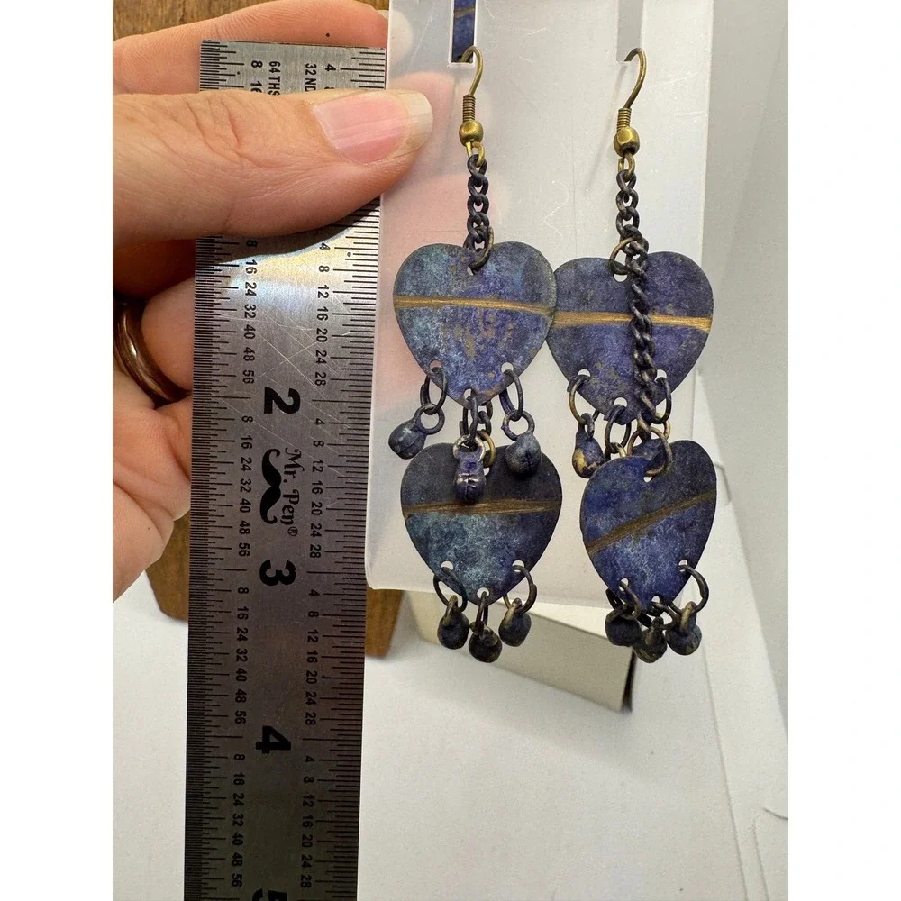 Blue Patina Heart Multi Strand Tiered Necklace & Dangle Earrings Jewelry Set Vtg